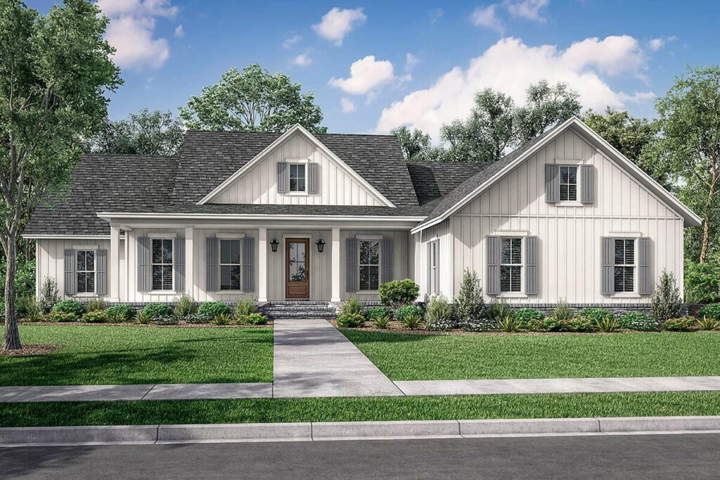 1-Story 4-Bedroom Modern Farmhouse With Cozy Home Office (Floor Plan)