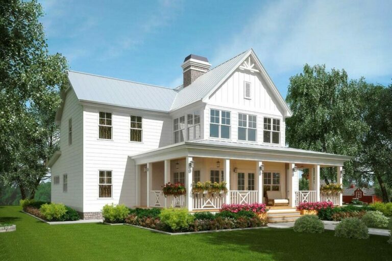 3-Bedroom Dual-Story Farmhouse With See-Through Fireplace (Floor Plan)