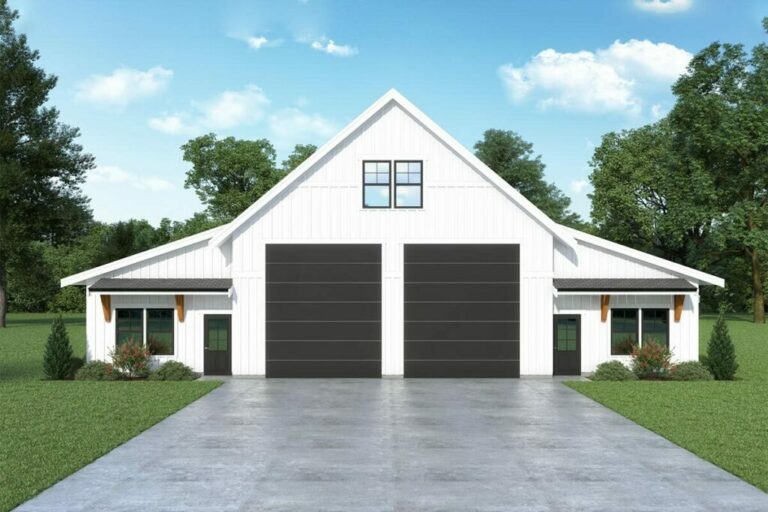 Symmetrical 2-Bedroom 1-Story Country Farmhouse with Oversized Garage (Floor Plan)