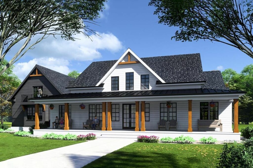 Country Craftsman 4-Bedroom 1-Story House with Triple Porch and U-Shaped Kitchen (Floor Plan)