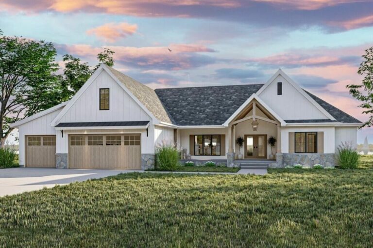 3-Bedroom One-Story Modern Farmhouse with Home Office and Large Rear Porch (Floor Plan)