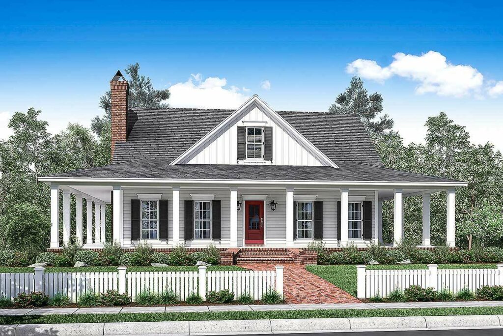 3-Bedroom 2-Story Country House With Full Wraparound Porch (Floor Plan)